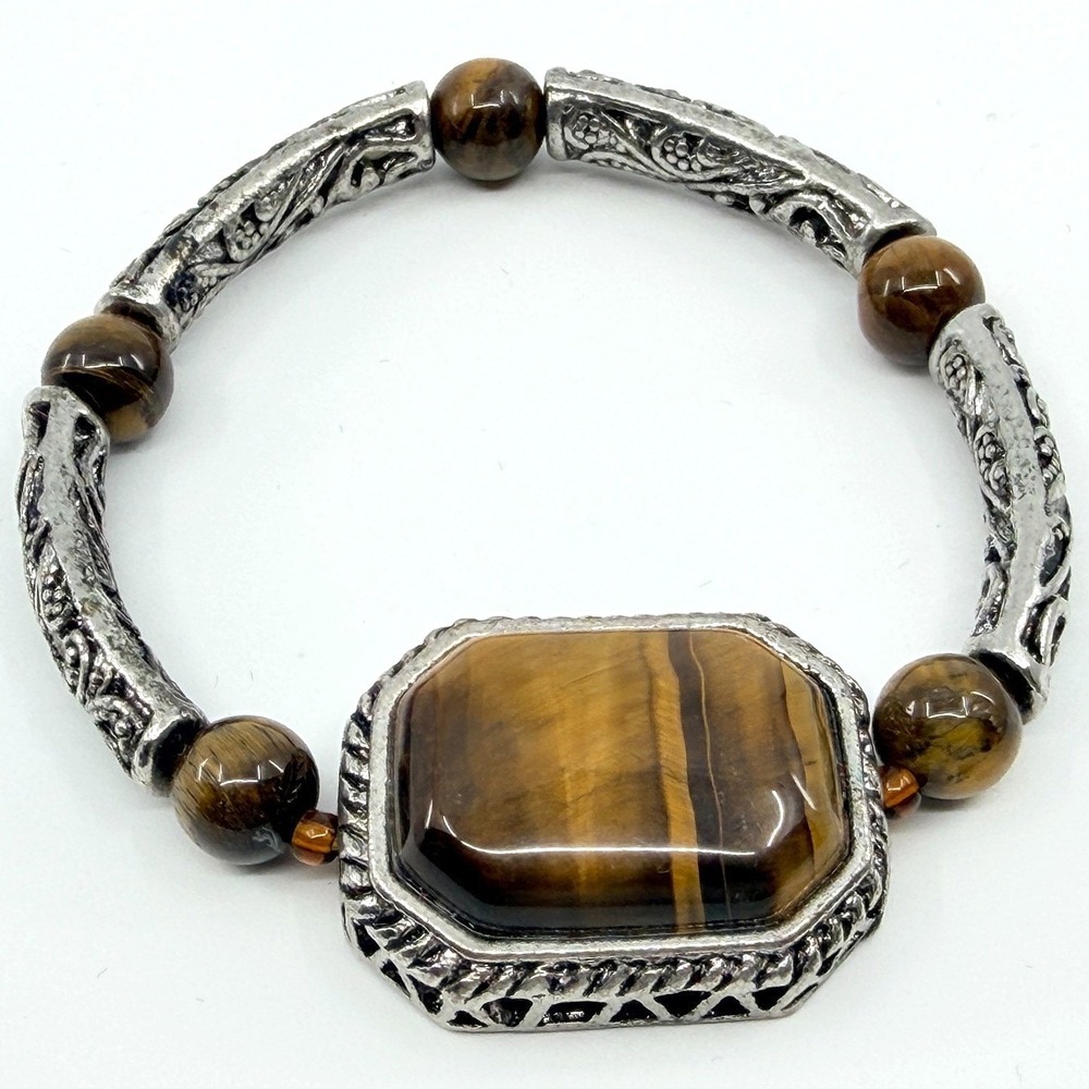 Vintage Silver Tone Faux Tiger's Eye Stretch‎ Bracelet Filigree Link Statement